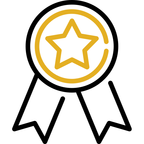 A simple and stylized icon featuring a golden star enclosed within a double border circle, set against a solid black background.
