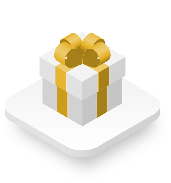 A 3d illustration of a white gift box with a shiny gold ribbon and bow, placed on a light gray base.