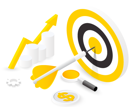 Graphic of business tools including a target with an arrow in the bullseye, a rising bar chart, magnifying glass, and coins, symbolizing goal achievement and financial analysis.