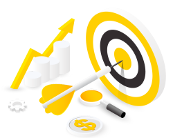 Graphic with bullseye target, arrow hitting center, magnifying glass, gears, and bar charts in yellow and white, depicting precision and analytics in business strategy.