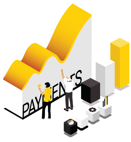 Illustration of two people interacting in a stylized office setup showcasing rising "payments" graphs. the theme is professional and dynamic, using a yellow and black color scheme.