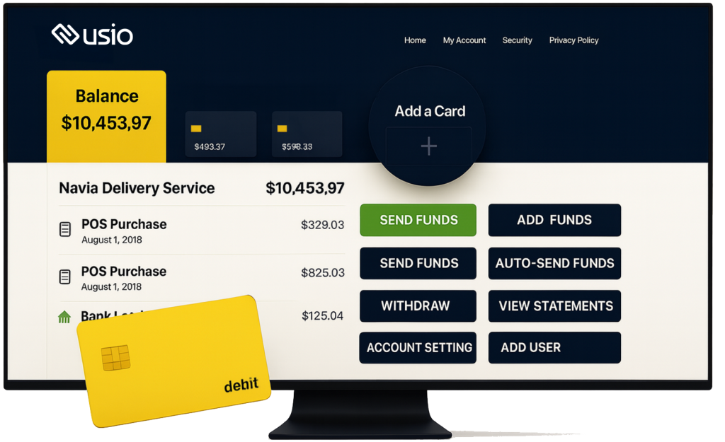 Usio Banking Portal Dashboard with Preloaded Debit Card Branded
