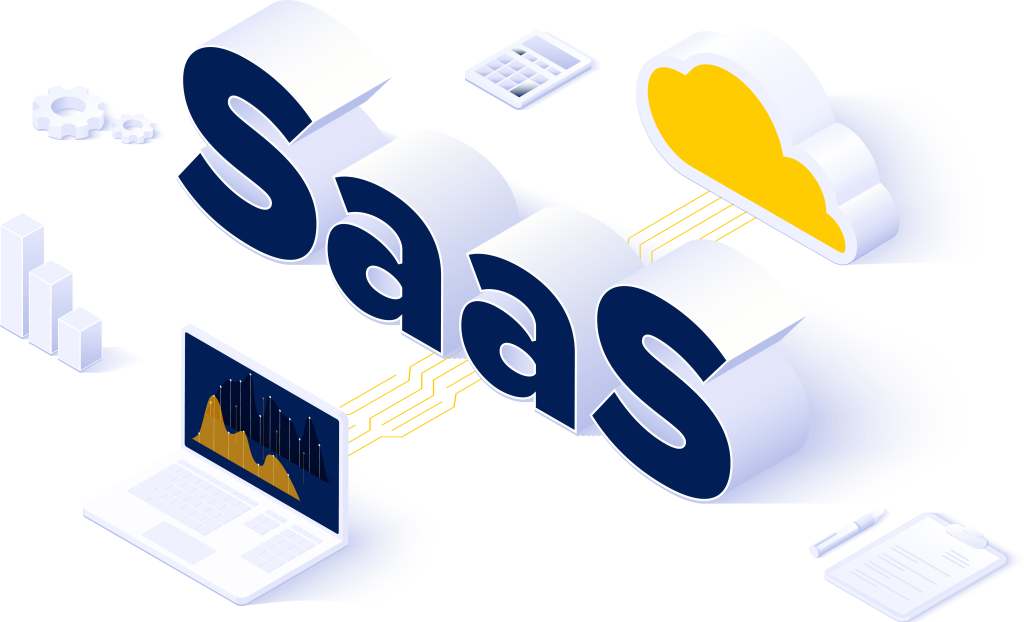 Usio Embedded Payments SaaS | Computer with Graphs on screen, the letters SaaS behind it and a server Cloud in Yellow behind the Letters Saas